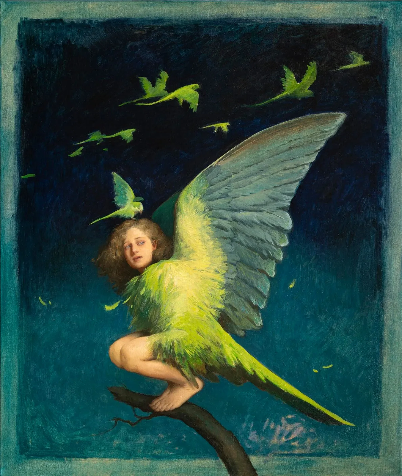 Ready to fly, huile sur toile de Daniela Astone, 2025, 130 × 110 cm, Galerie Calderone