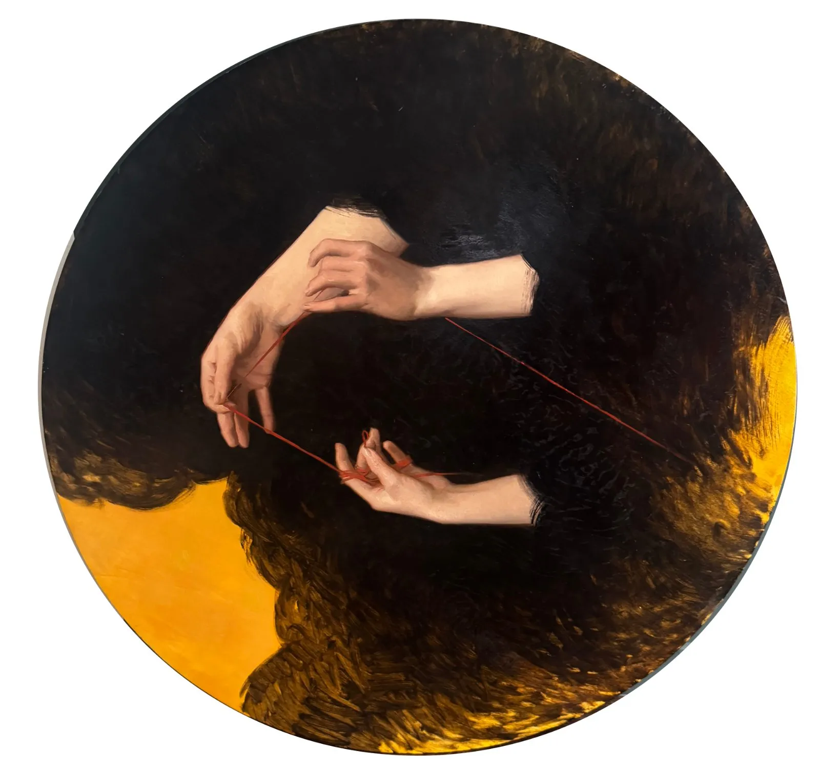 Thread I, huile sur bois de Daniela Astone, 2024, Rond 100 cm, Galerie Calderone