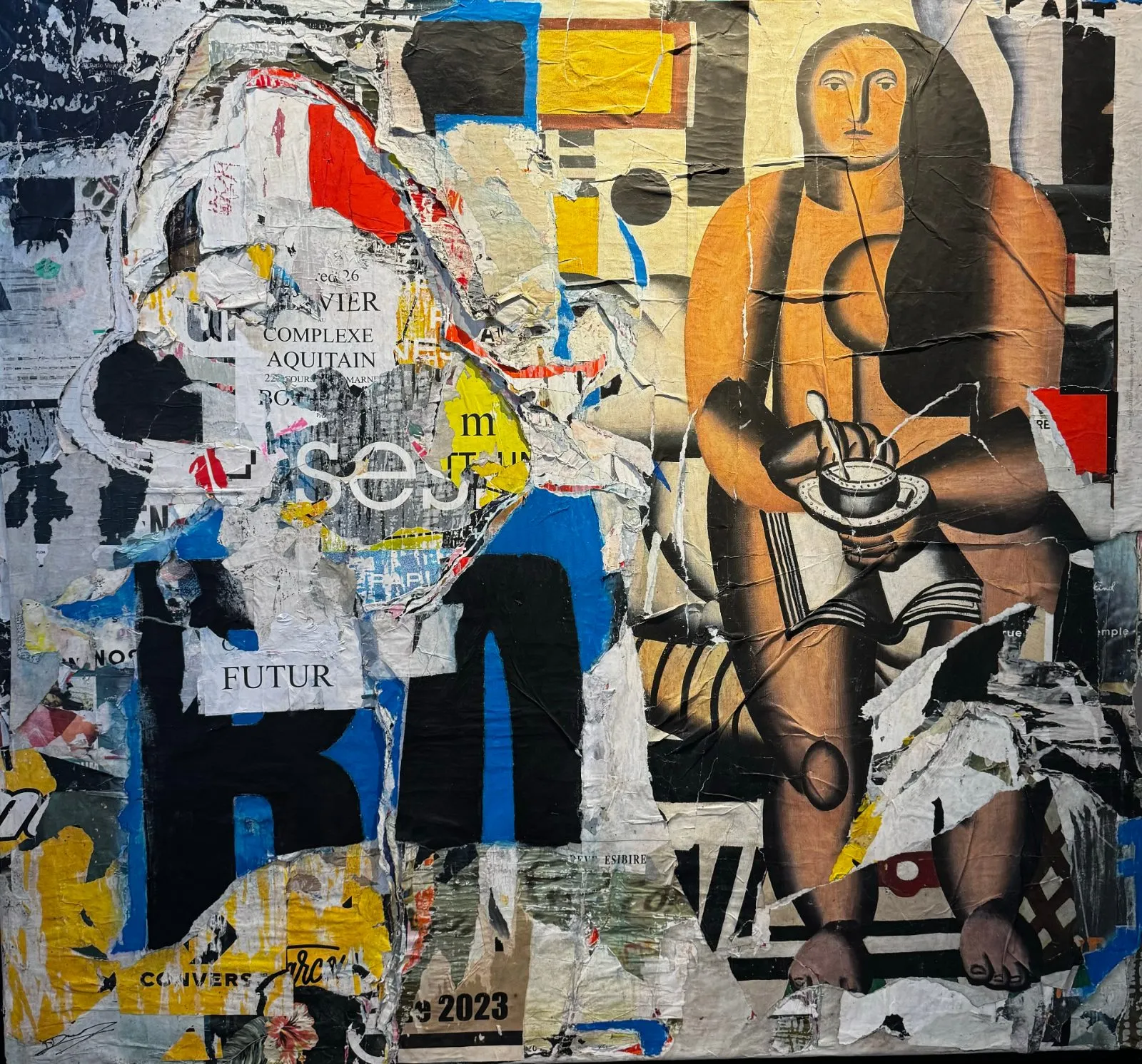 La femme à Fernand, technique mixte de Laurent Durrey, 157 × 146 cm, Galerie Calderone