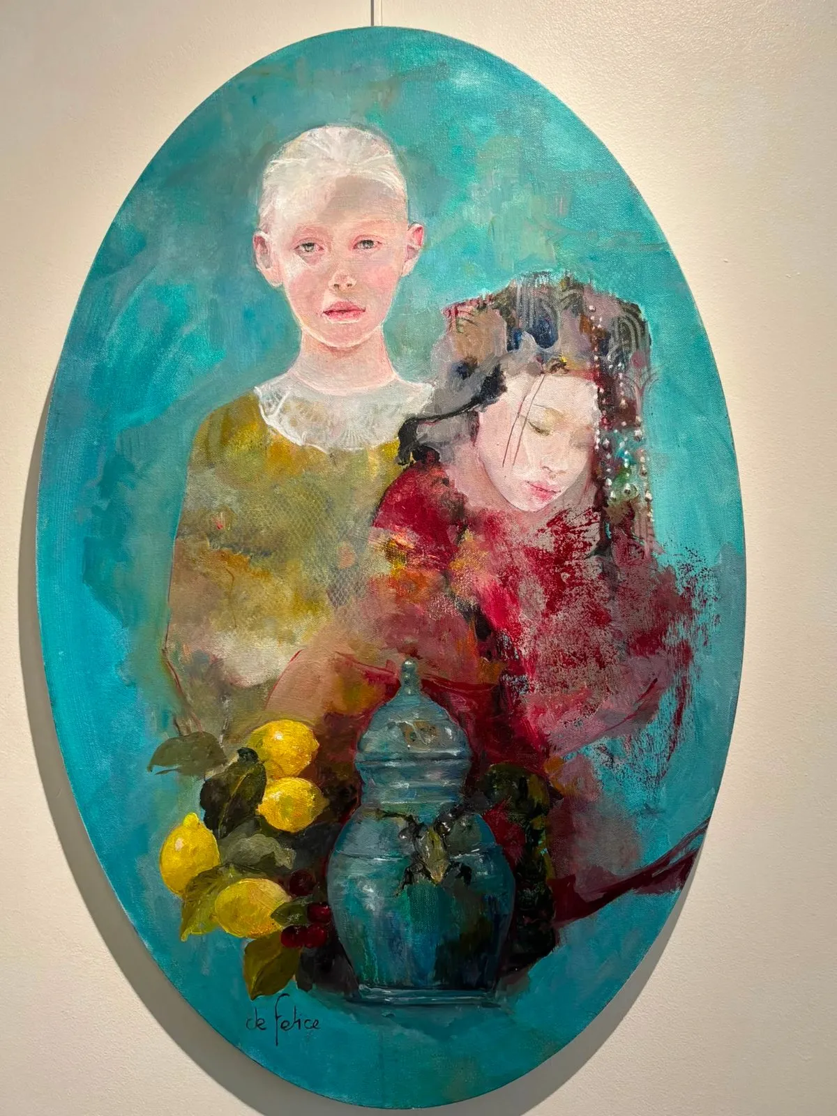 La porteuse d'arôme, huile sur toile de Françoise de Felice, 2026, 76 × 50 cm Ovale, Galerie Calderone