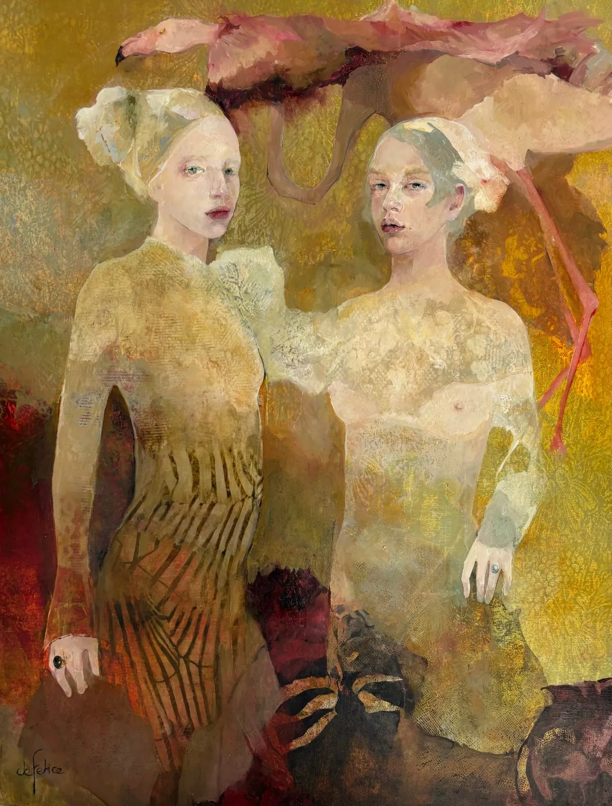 Le vol des flamands roses, oil on canvas by Françoise de Felice, 2016, 100 × 82 cm, Galerie Calderone