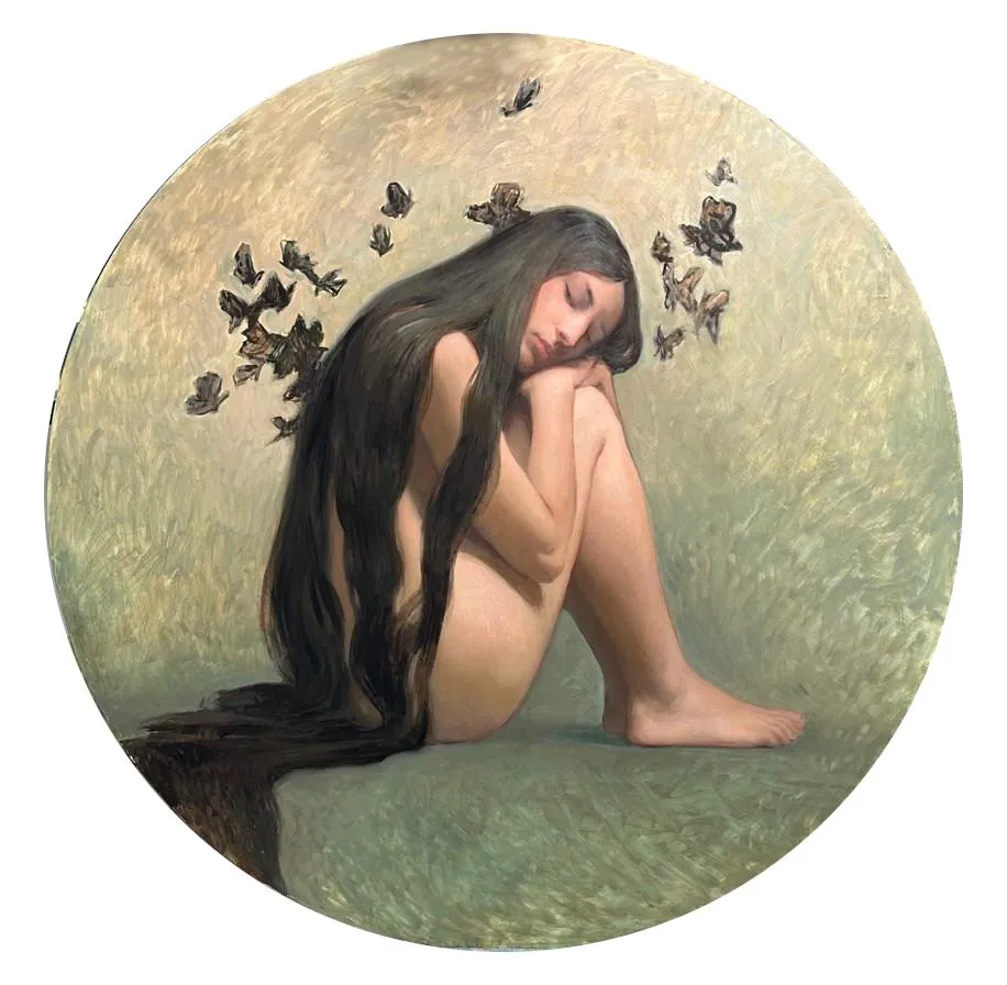 Ali neri di farfalla, huile sur bois de Daniela Astone, 2025, Rond 100 cm, Galerie Calderone