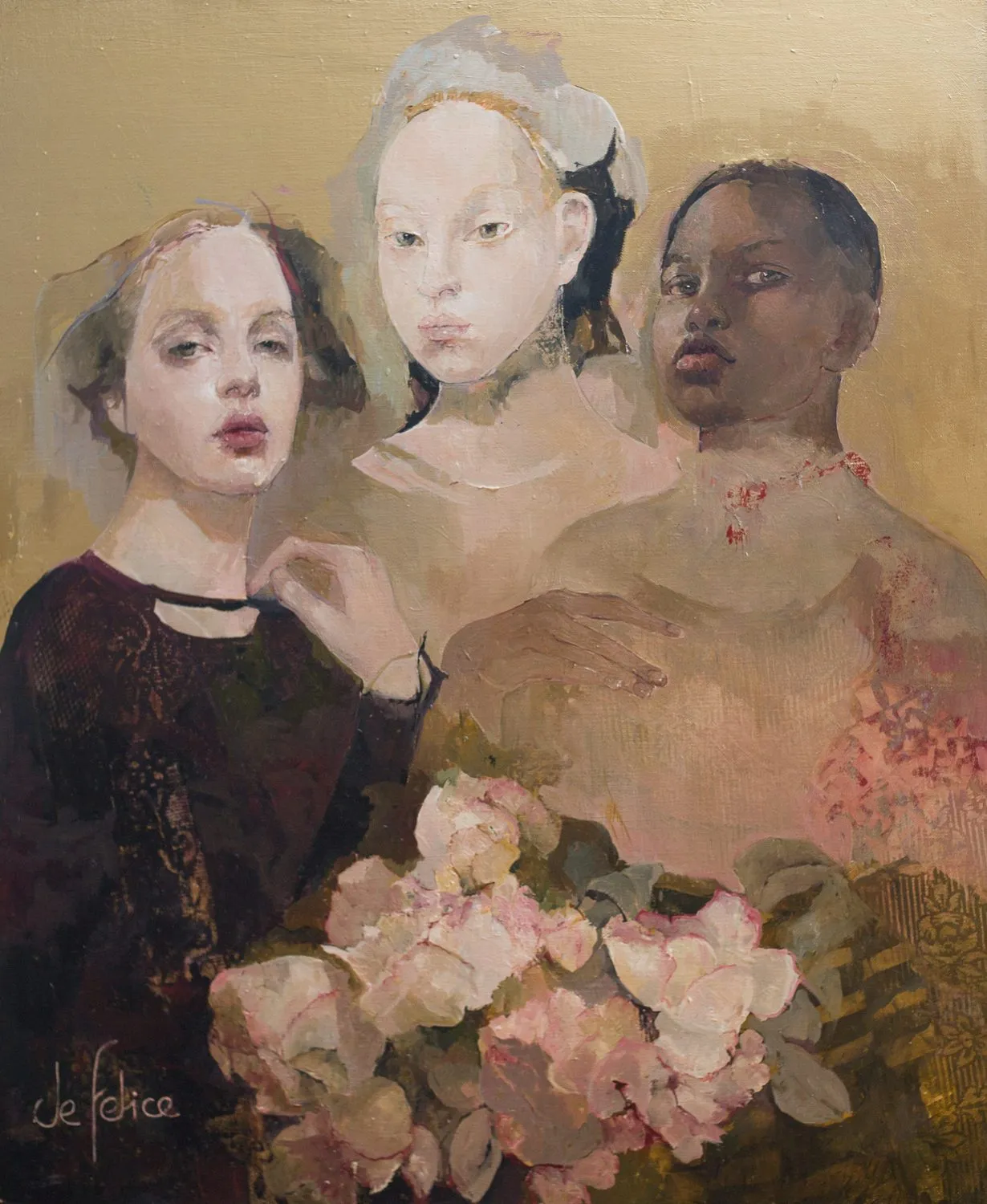 Filles aux fleurs de papier, huile sur toile de Françoise de Felice, 2019, 65 × 54 cm, Galerie Calderone
