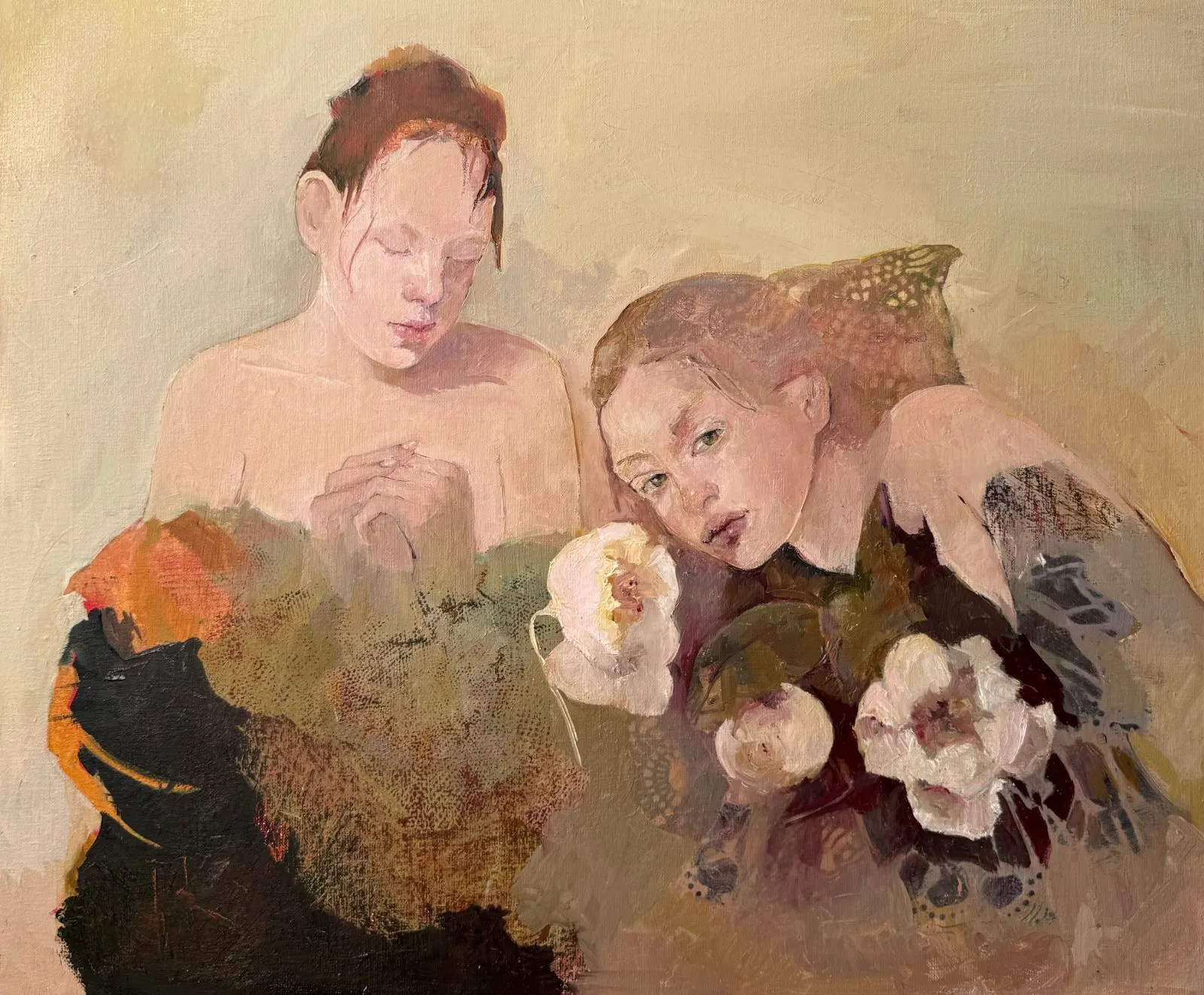 Complicité, huile sur toile de Françoise de Felice, 2025, 54 × 65 cm, Galerie Calderone