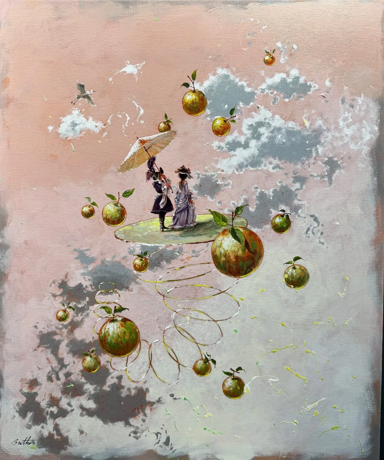 Dans le ciel rose, acrylique sur toile de Philippe Bertho, 2025, 65 × 54 cm, Galerie Calderone