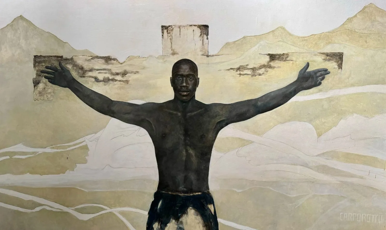 Black Jesus, huile sur toile de Carporotto, 2023, 150 × 200 cm, Galerie Calderone