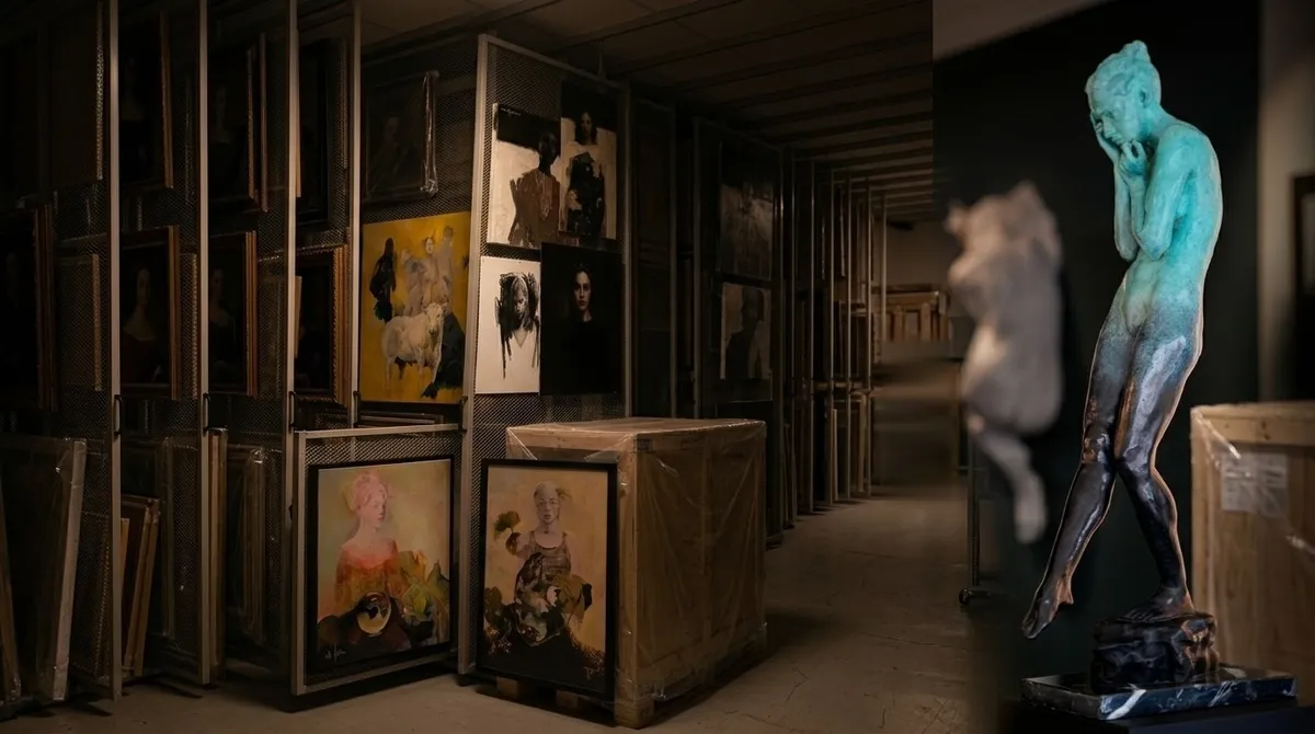 The gallery's storeroom: canvases by Françoise de Felice on the racks, with a sculpture by Jana Büttner in the foreground
